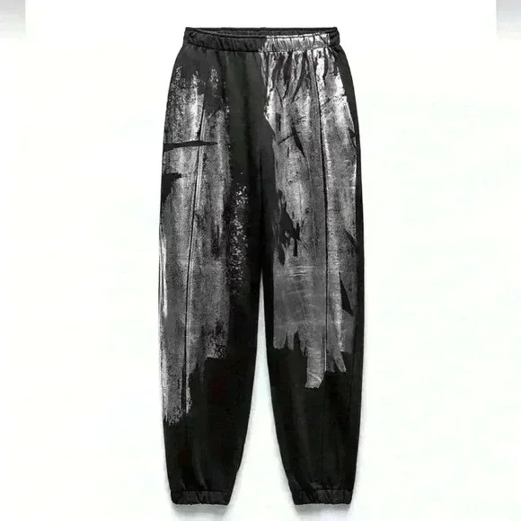 *NWOT* Zara Joggers in black with metallic splash detail. Size medium - Picture 1 of 8
